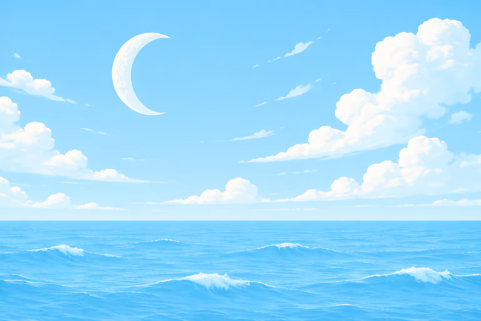 Calm sea under a blue sky with clouds and a crescent moon